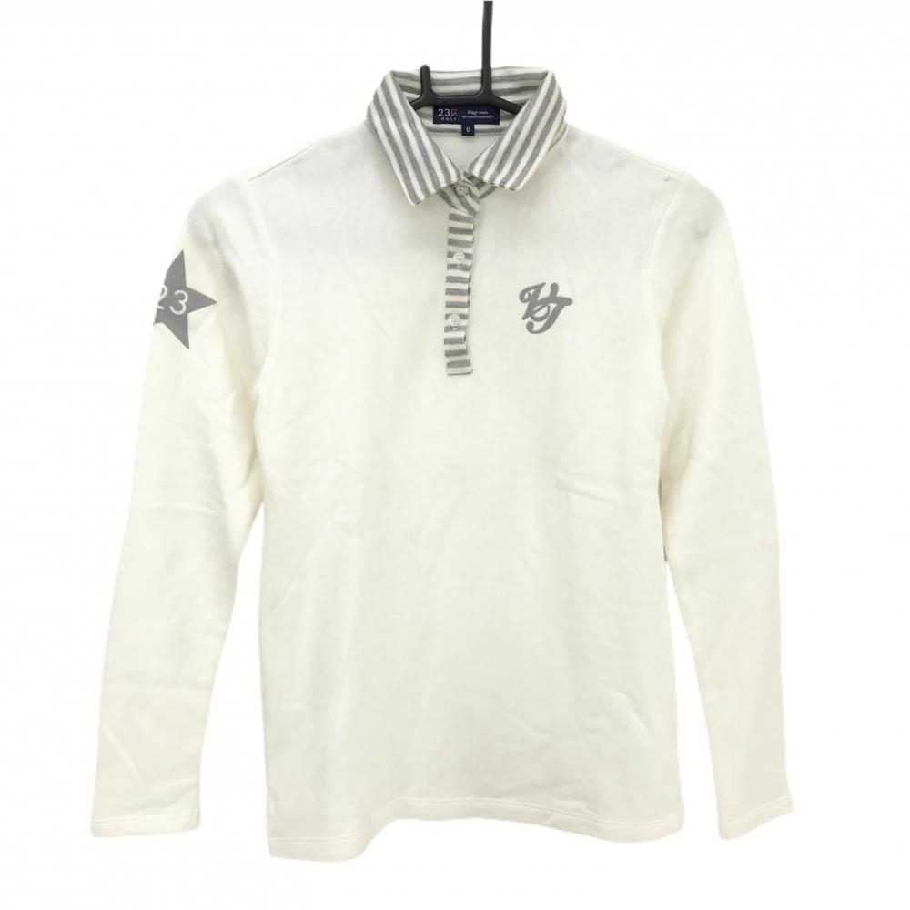 23区ゴルフ 長袖ポロシャツ 白×グレー 裏起毛 襟ボーダー レディース 0(S) ゴルフウェア 23区