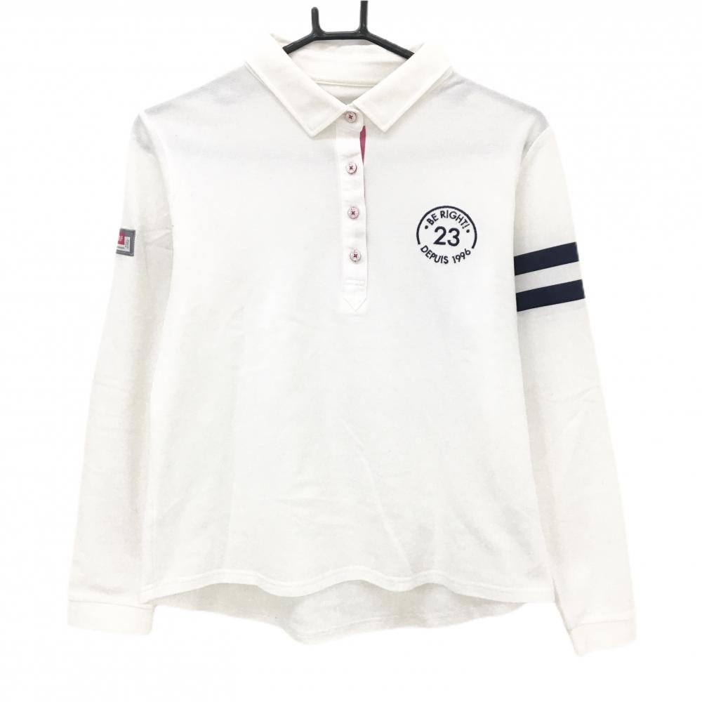 23区ゴルフ 長袖ポロシャツ 白×ネイビー 袖ライン ロゴ刺しゅう レディース III(XL) ゴルフウェア 23区