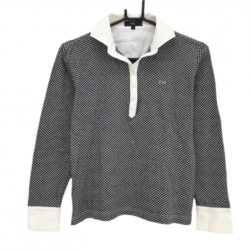 【美品】23区スポーツ 長袖ポロシャツ 白×黒 斜め格子柄 スキッパー風  レディース I(M) ゴルフウェア 23区