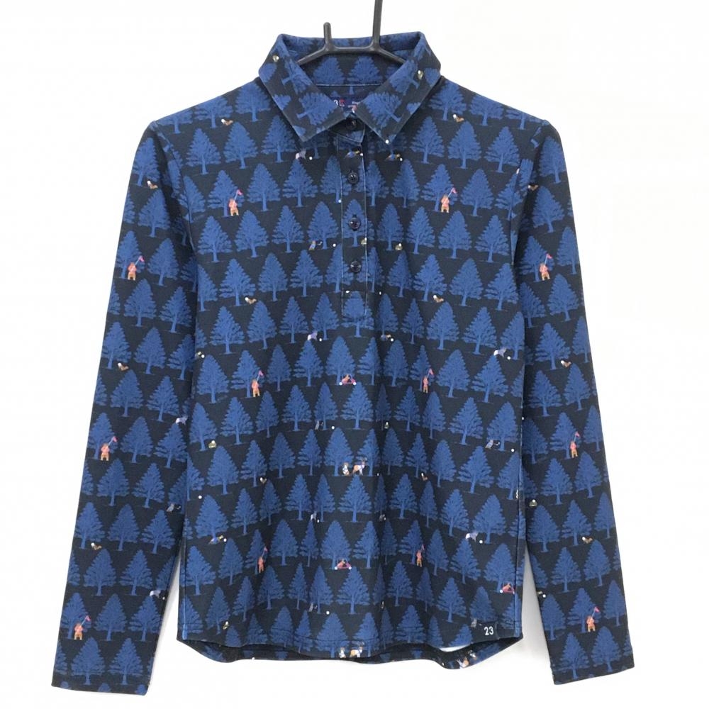 【美品】23区ゴルフ 長袖ポロシャツ 黒×スモーキーブルー ツリー柄 動物  レディース I(M) ゴルフウェア 23区