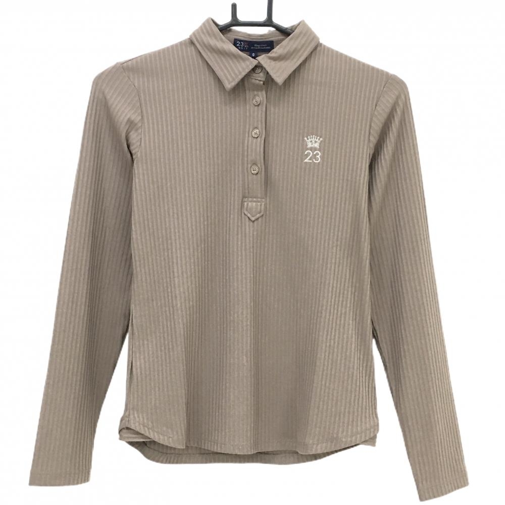 【新品】23区ゴルフ 長袖ポロシャツ グレージュ ストライプ織生地 レディース 0(S) ゴルフウェア 23区