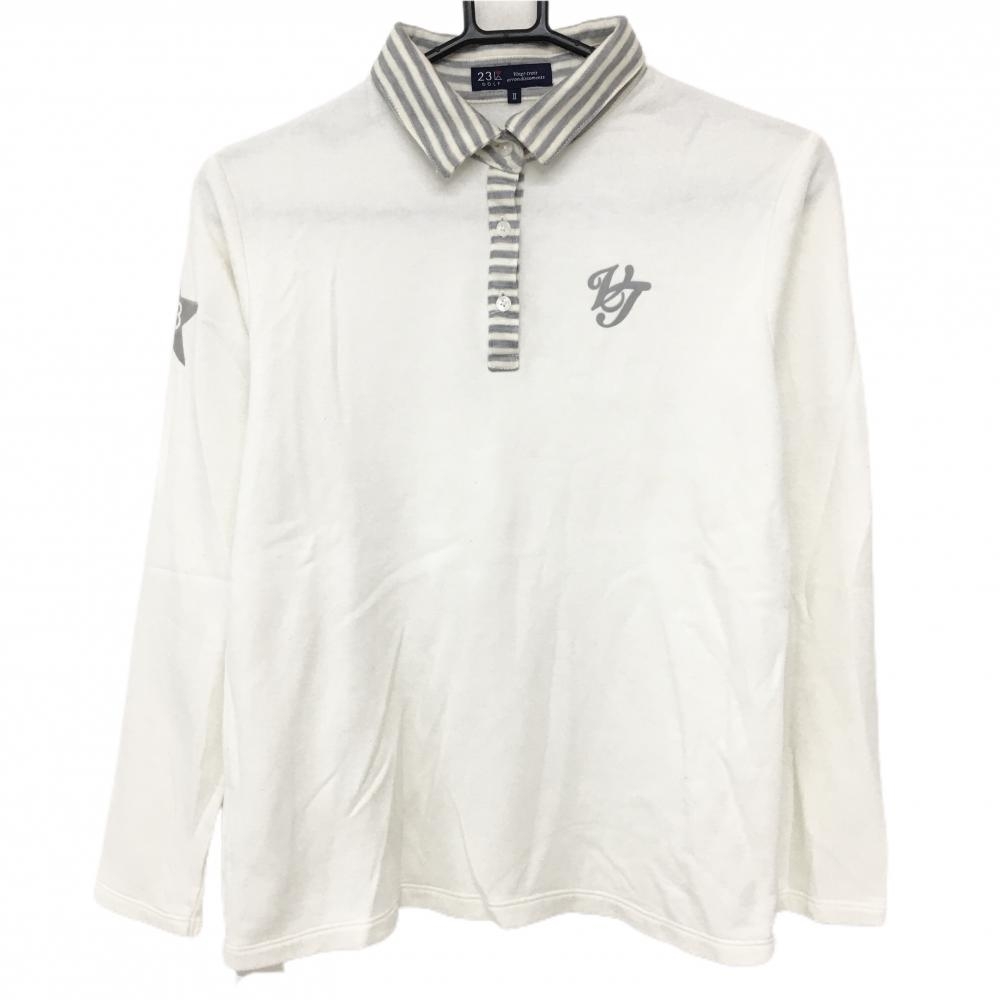 23区ゴルフ 長袖ポロシャツ 白×グレー 襟ボーダー 裏起毛 レディース II(L) ゴルフウェア 23区