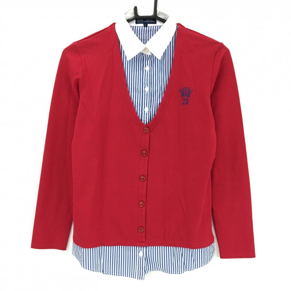 【美品】23区ゴルフ 長袖ポロシャツ レッド×白×ブルー ストライプ 重ね着風 クラウン刺しゅう レディース I(M) ゴルフウェア 23区
