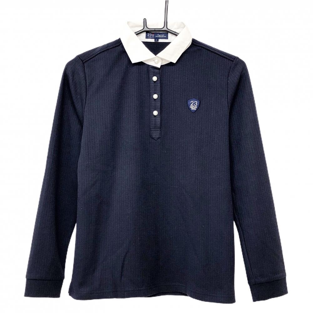 【美品】23区ゴルフ 長袖ポロシャツ ネイビー×白 襟異素材切替 レディース I(M) ゴルフウェア 23区