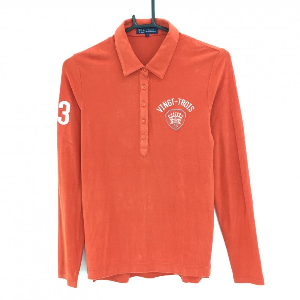【美品】23区ゴルフ 長袖ポロシャツ オレンジレッド×白 表微起毛 刺しゅう レディース I(M) ゴルフウェア 23区