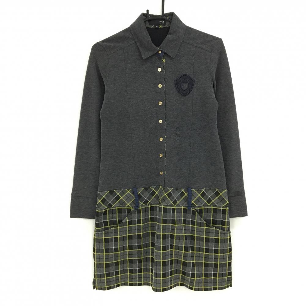 23区スポーツ 長袖ポロワンピース 杢グレー系×イエロー×黒 スカートチェック 胸ロゴ レディース M-L ゴルフウェア 23区