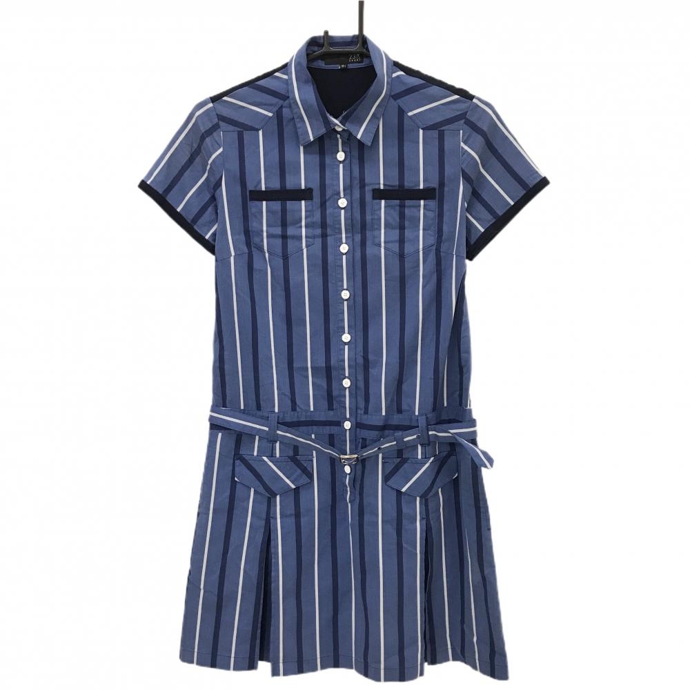 23区スポーツ 半袖ポロワンピース ブルー系×ネイビー×白 ストライプ 切替 ベルト付 レディース M-L ゴルフウェア 23区