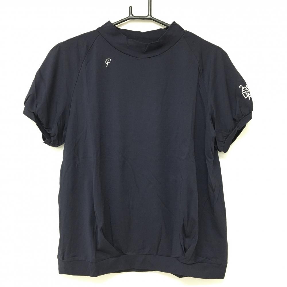 【超美品】23Fondation 半袖ハイネックシャツ ネイビー×白 袖ロゴ レディース Ⅲ(XL) ゴルフウェア 23区