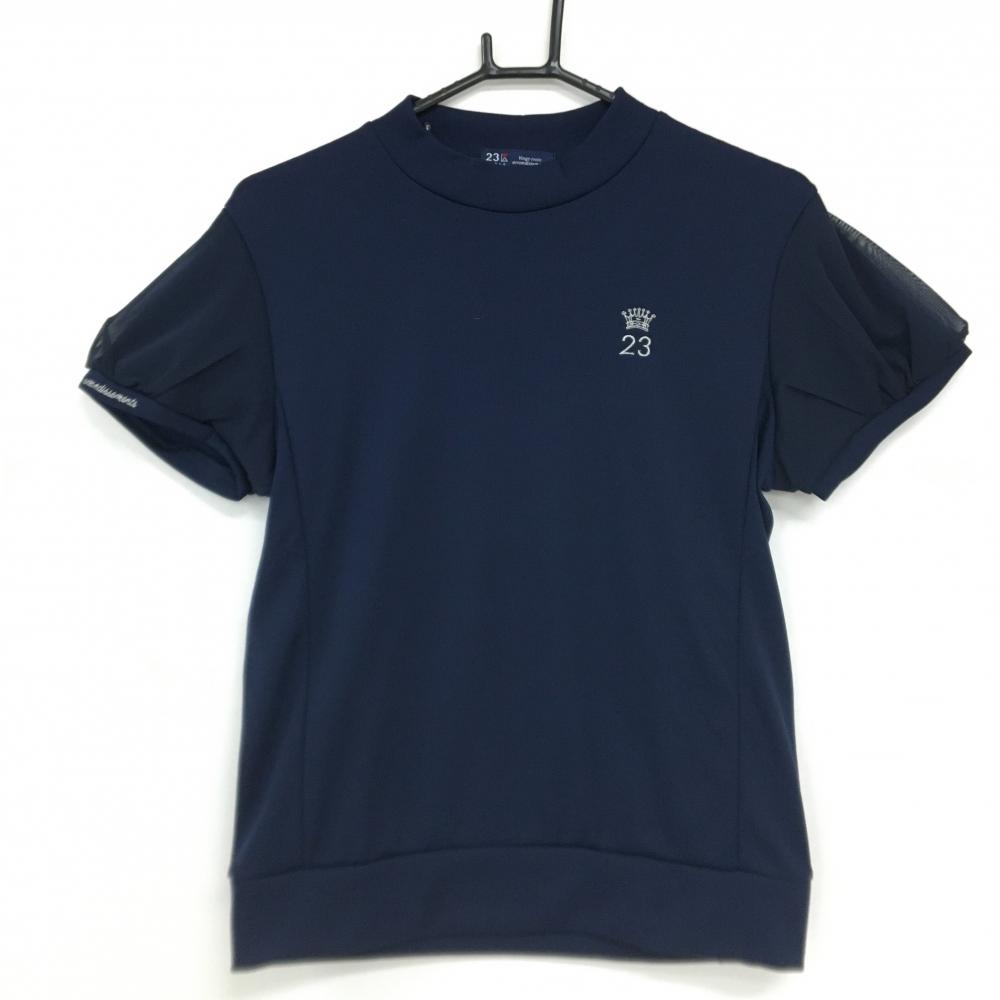 【超美品】23区ゴルフ 半袖ハイネックシャツ ネイビー ロゴ刺しゅう 袖レース調 レディース II(L) ゴルフウェア 23区