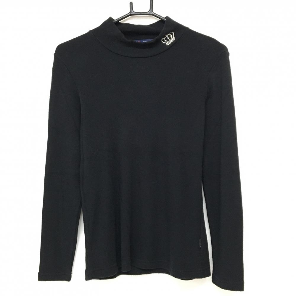 23区ゴルフ 長袖ハイネックシャツ 黒 ネックラインストン 裏起毛 レディース II(L) ゴルフウェア 23区