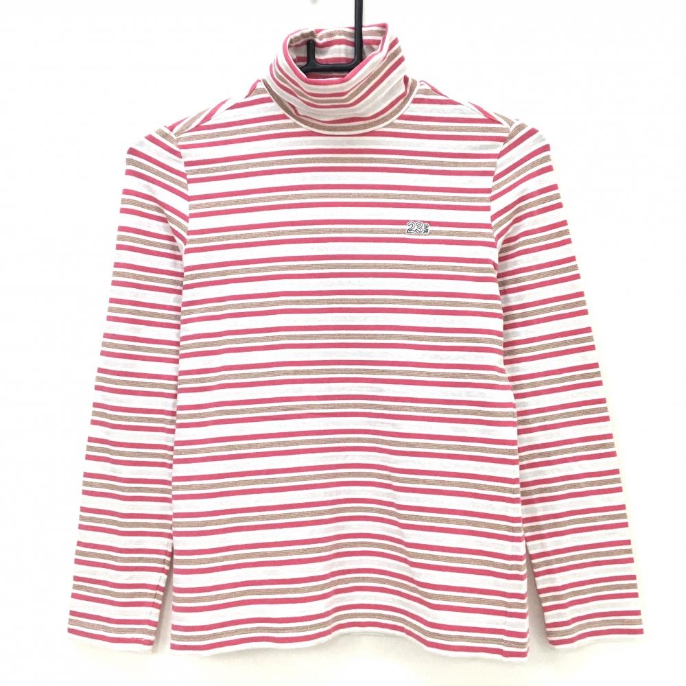 23区スポーツ 長袖ハイネックシャツ 白×ピンク ボーダー ラメ ロゴ刺しゅう  レディース Ⅱ(L) ゴルフウェア 23区