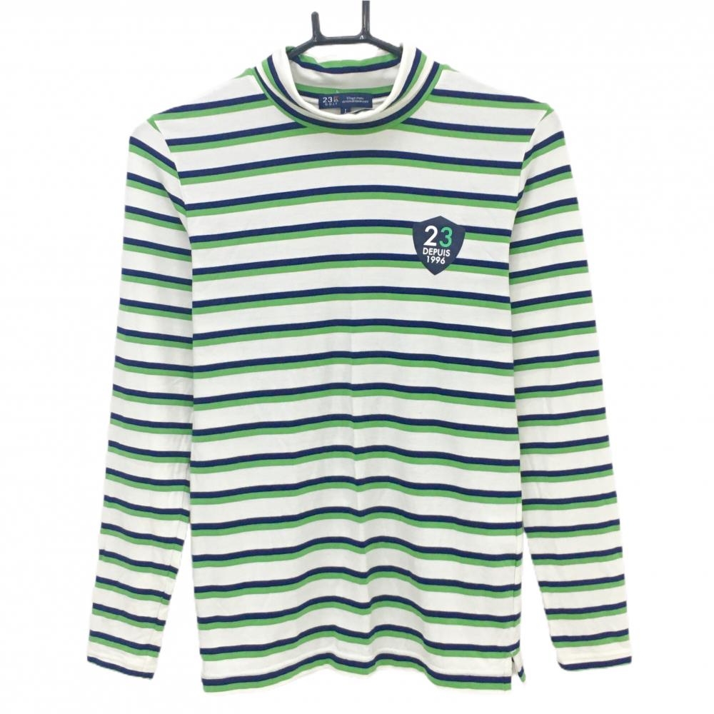 23区ゴルフ 長袖ハイネックシャツ 白×グリーン×ネイビー ボーダー  レディース Ⅰ(M) ゴルフウェア 23区