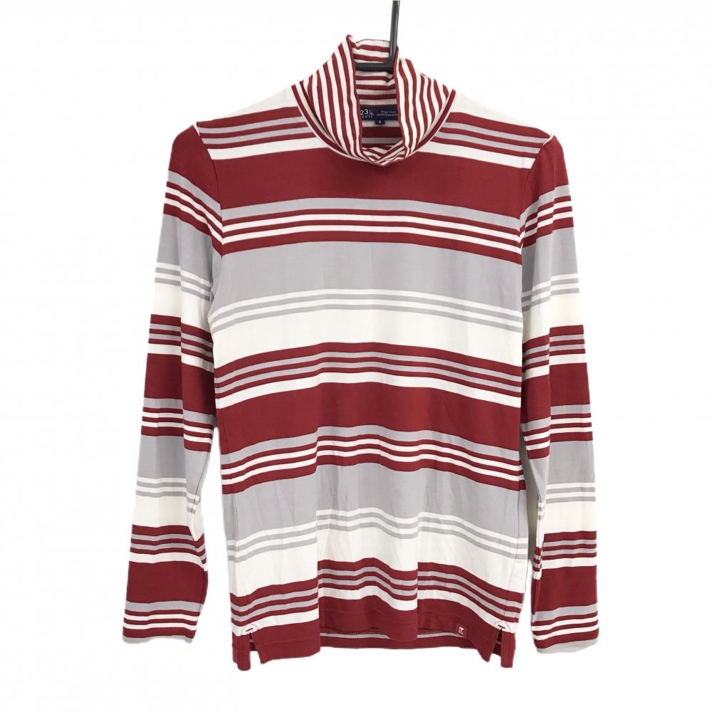 【超美品】23区ゴルフ 半袖ハイネックシャツ レッド×白×ライトグレー ボーダー ストレッチ  レディース II(L) ゴルフウェア 23区