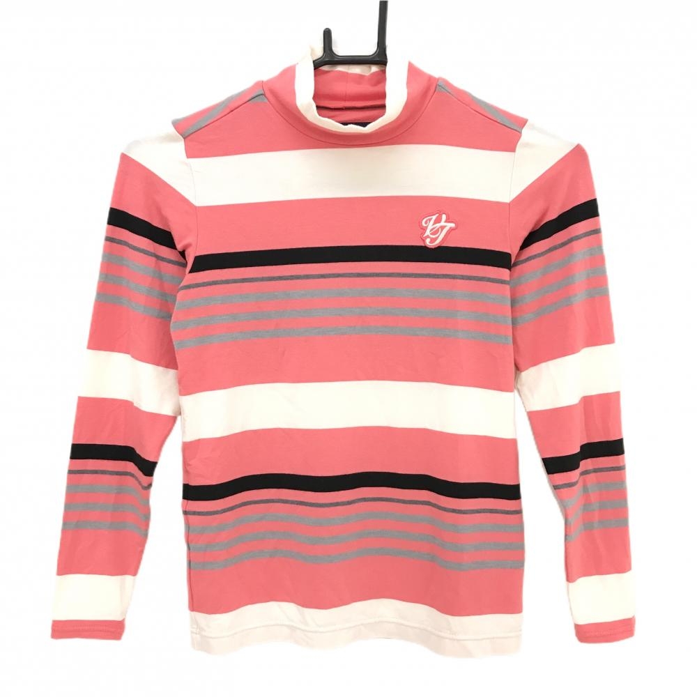 【超美品】23区ゴルフ 長袖ハイネックシャツ ピンク×白×グレー ランダムボーダー レディース S ゴルフウェア 23区