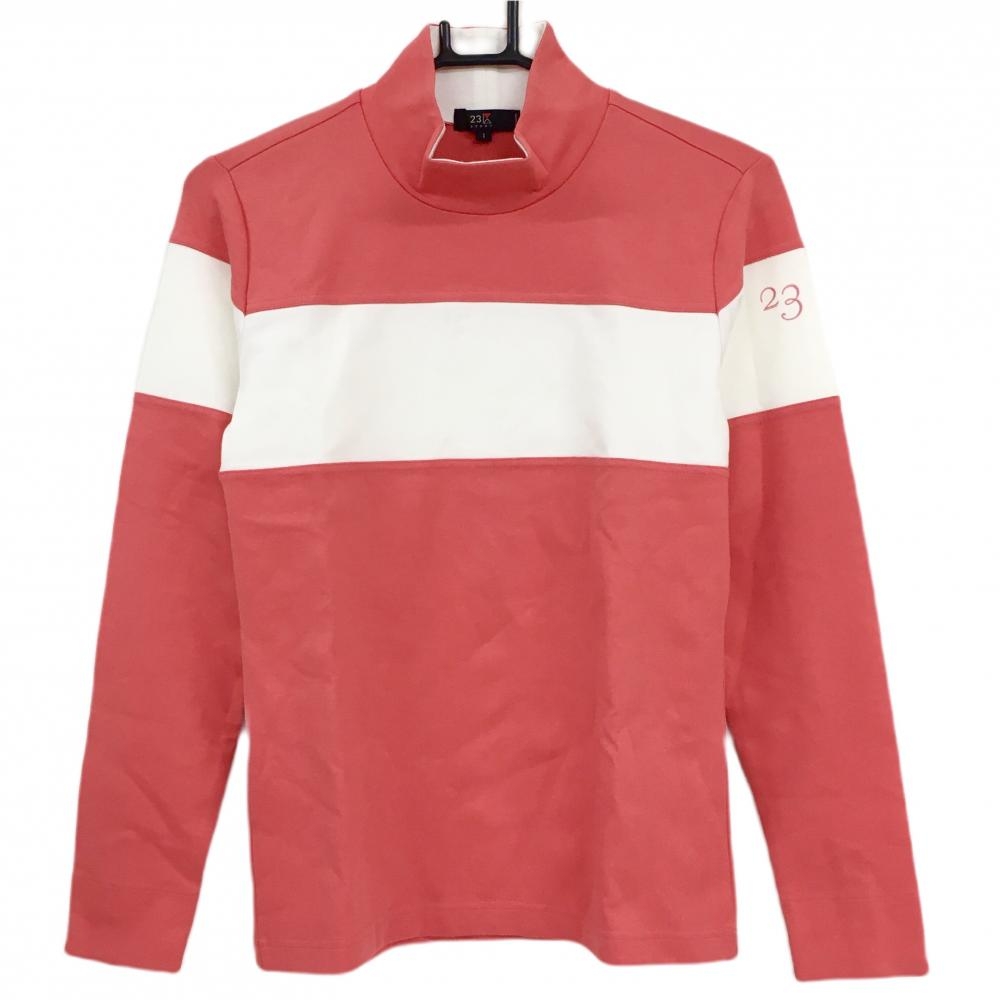 【超美品】23区スポーツ 長袖ハイネックシャツ レッド系×白 ボーダー調 ロゴ刺しゅう  レディース I(M) ゴルフウェア 23区