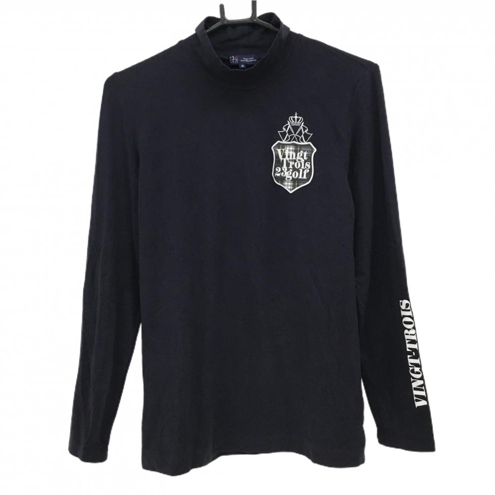 【美品】23区ゴルフ 長袖ハイネックシャツ ネイビー 表微起毛 袖プリント  レディース III(XL) ゴルフウェア 23区