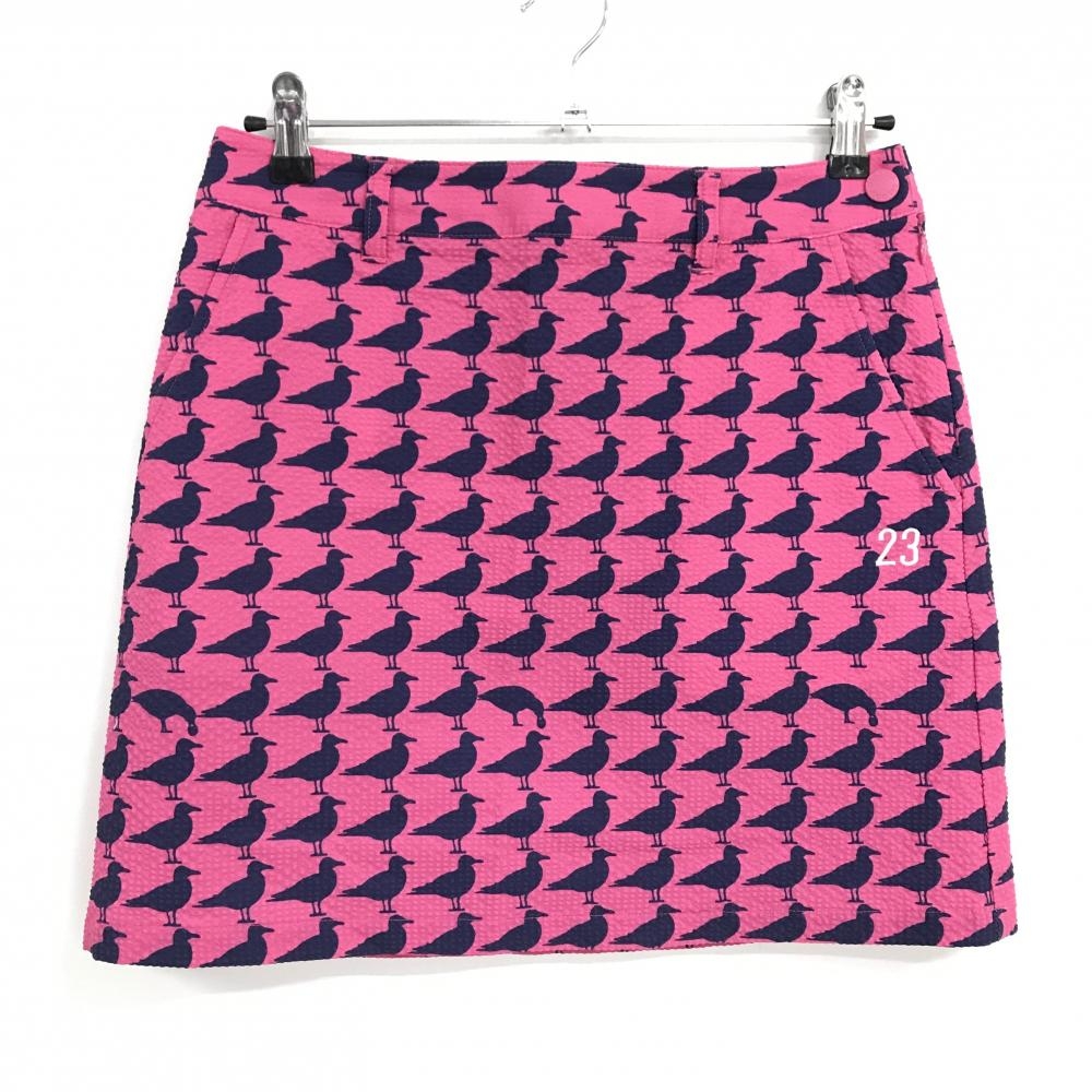 【美品】23区ゴルフ スカート ピンク×ネイビー 鳥総柄 サッカー生地 レディース 67 ゴルフウェア 23区