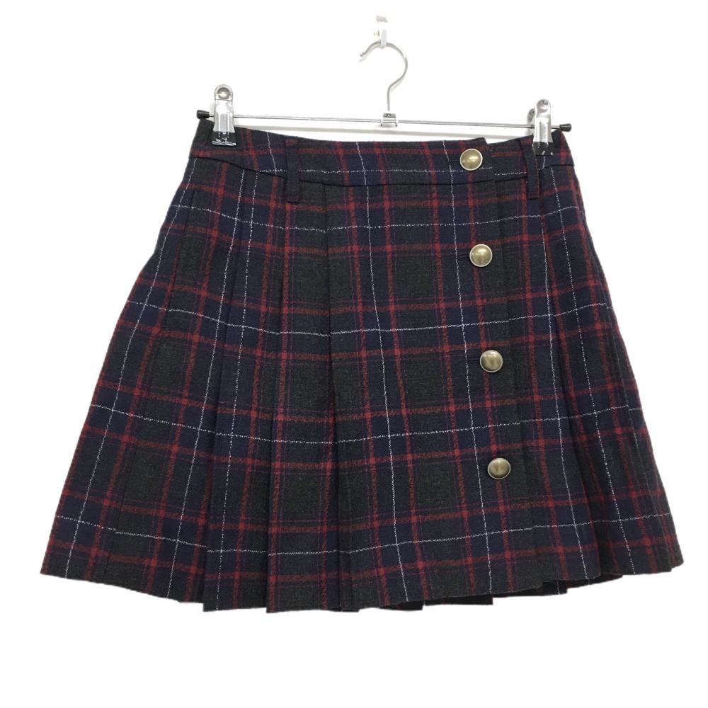 【美品】23区スポール スカート ネイビー×レッド チェック 一部プリーツ ウール100% 裏地付  レディース S ゴルフウェア 23区