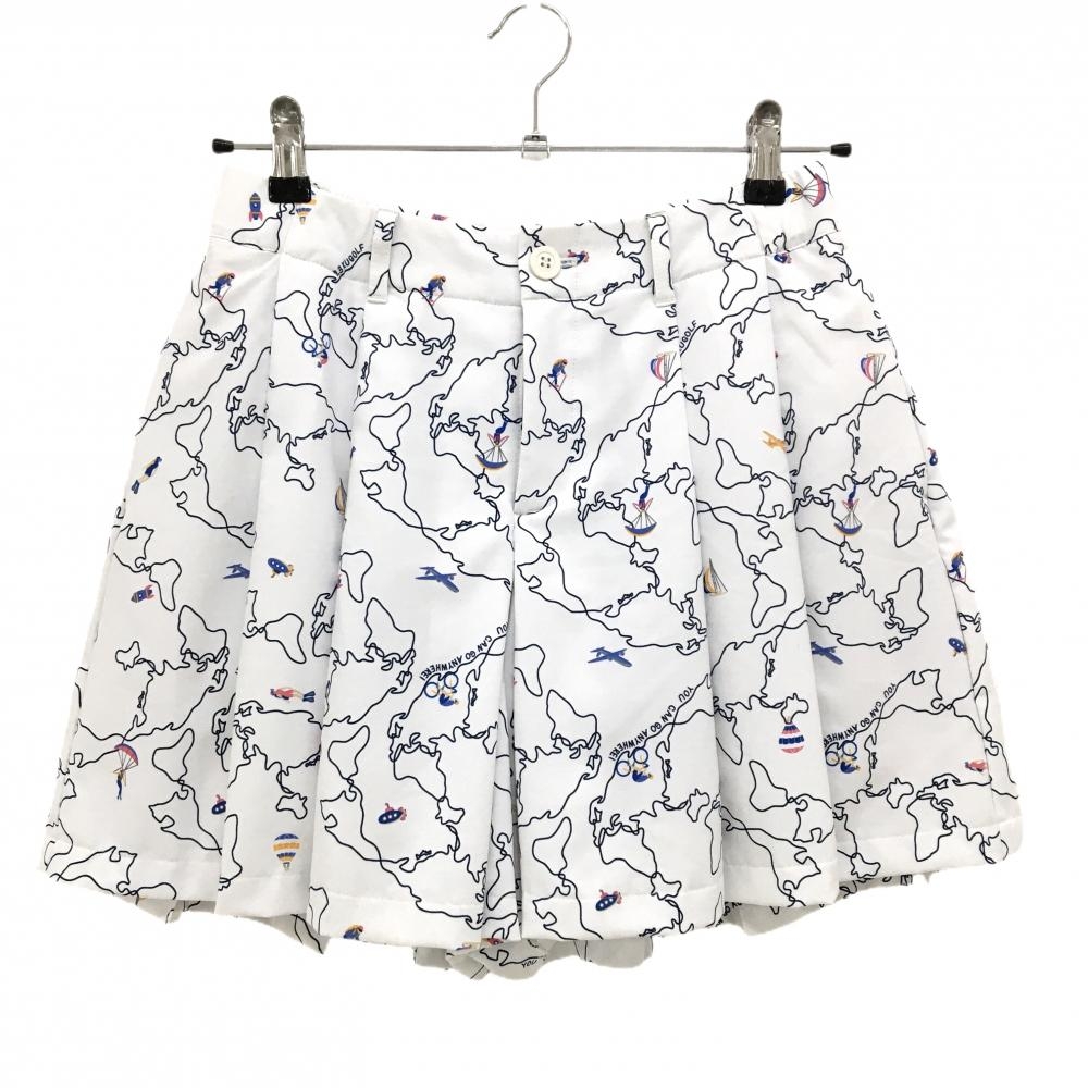 【美品】23区ゴルフ キュロットスカート 白×ネイビー 総柄 乗り物 プリーツ 裏地付 レディース I(M) ゴルフウェア 23区