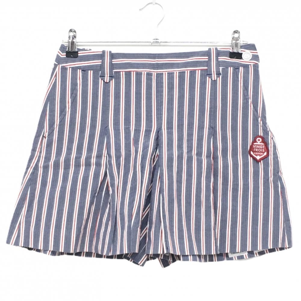 【美品】23区スポーツ キュロットスカート ネイビー系×レッド×白 ストライプ レディース 64(M) ゴルフウェア 23区