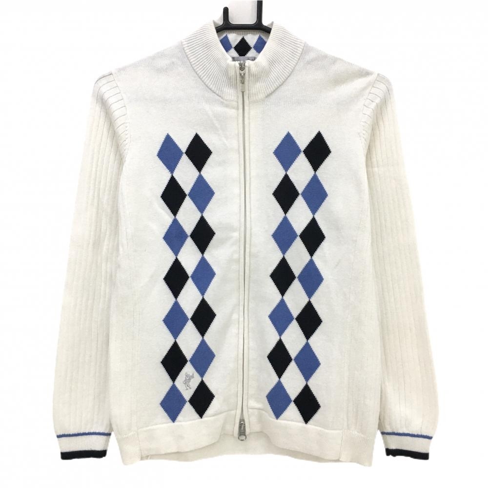 【超美品】アシュワース ニットジャケット 白×ネイビー 前身頃ダイヤ柄 ウール混  レディース S ゴルフウェア ASHWORTH