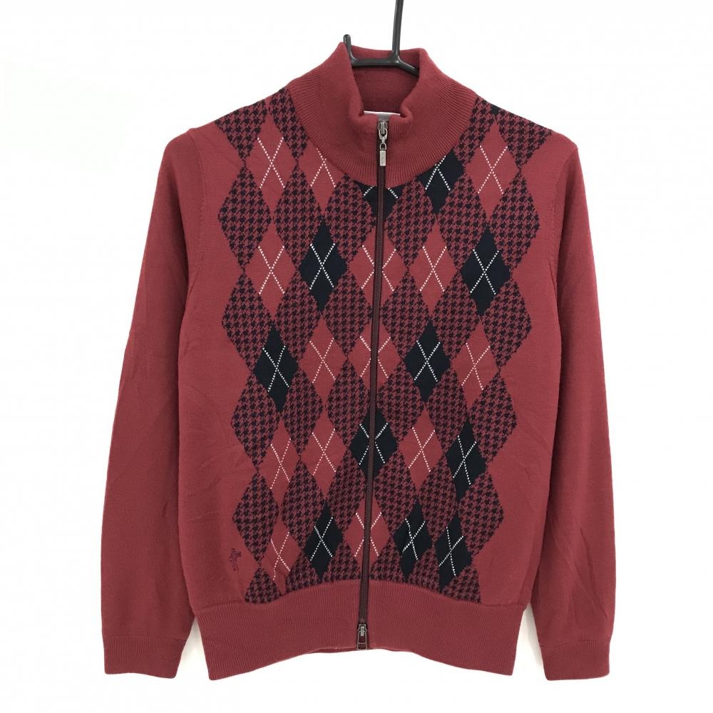 【美品】アシュワース ニットジャケット レッド×黒 前面ダイヤ柄 ブルゾン 千鳥格子 ウール混 レディース M ゴルフウェア ASHWORTH