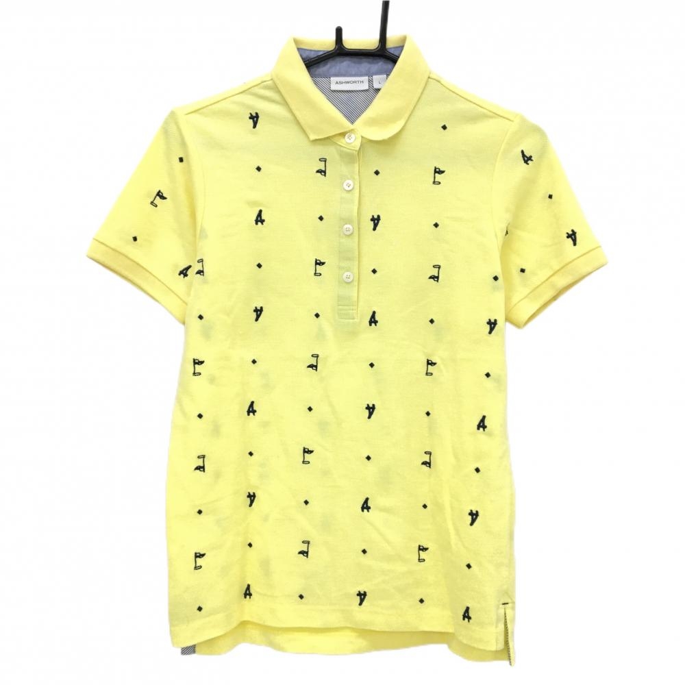 【超美品】アシュワース 半袖ポロシャツ イエロー×ネイビー スクエアドット×英字柄刺しゅう レディース L ゴルフウェア ASHWORTH