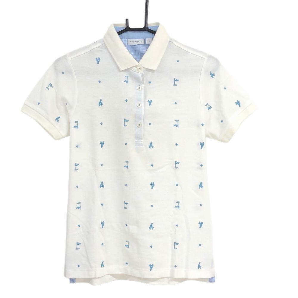 【新品】アシュワース 半袖ポロシャツ 白×ブルー系 総柄  レディース L ゴルフウェア ASHWORTH