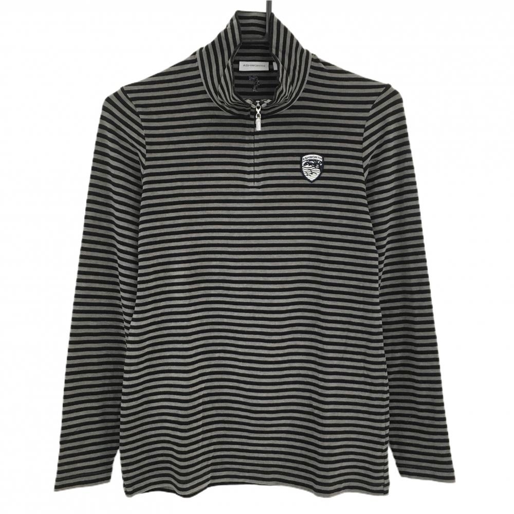 【超美品】アシュワース 長袖ハイネックシャツ グレー×黒 ボーダー ハーフジップ 微起毛  レディース L ゴルフウェア ASHWORTH