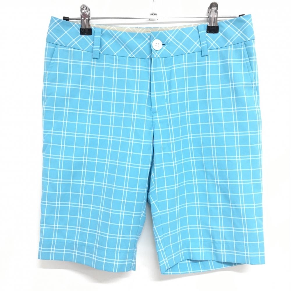 【超美品】アシュワース ショートパンツ ライトブルー×白 チェック ロゴ レディース US-2 ゴルフウェア ASHWORTH