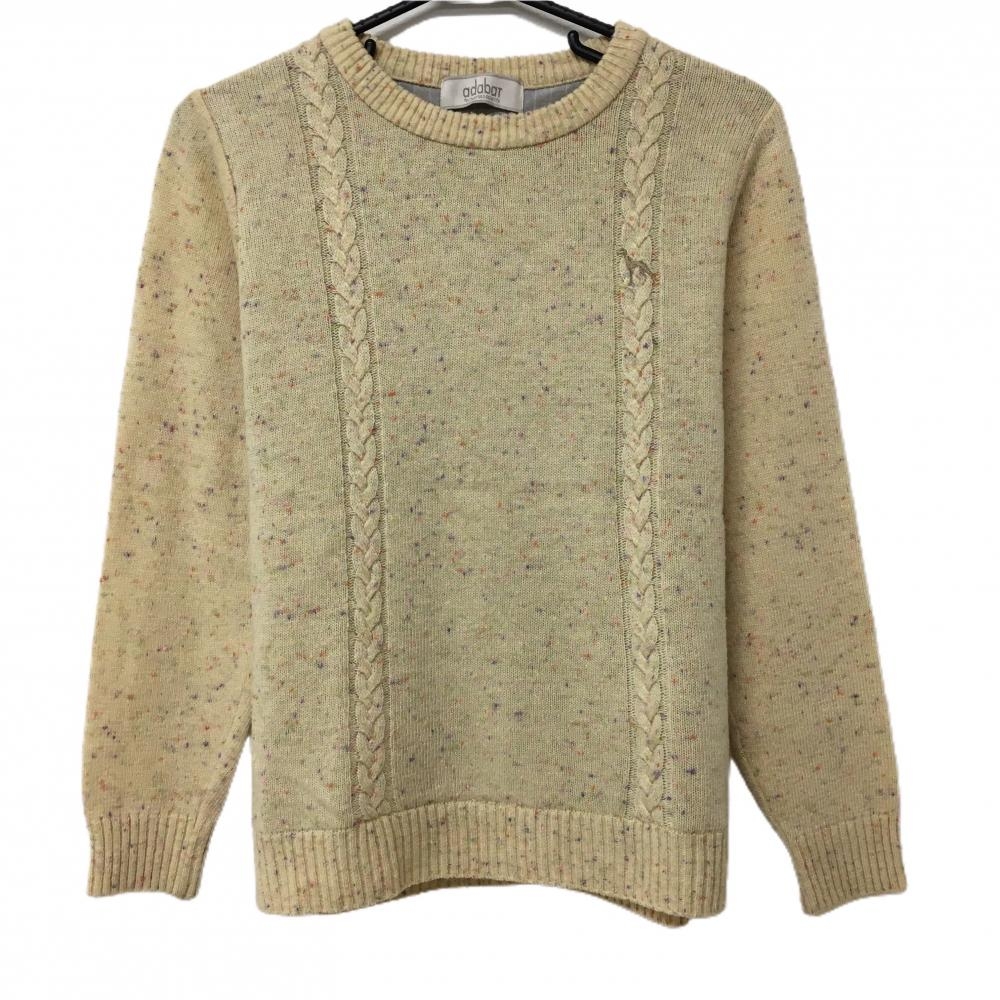 【美品】アダバット セーター ベージュ×マルチカラー 蓄熱裏地 ニット ウール混 レディース 40(L) ゴルフウェア adabat