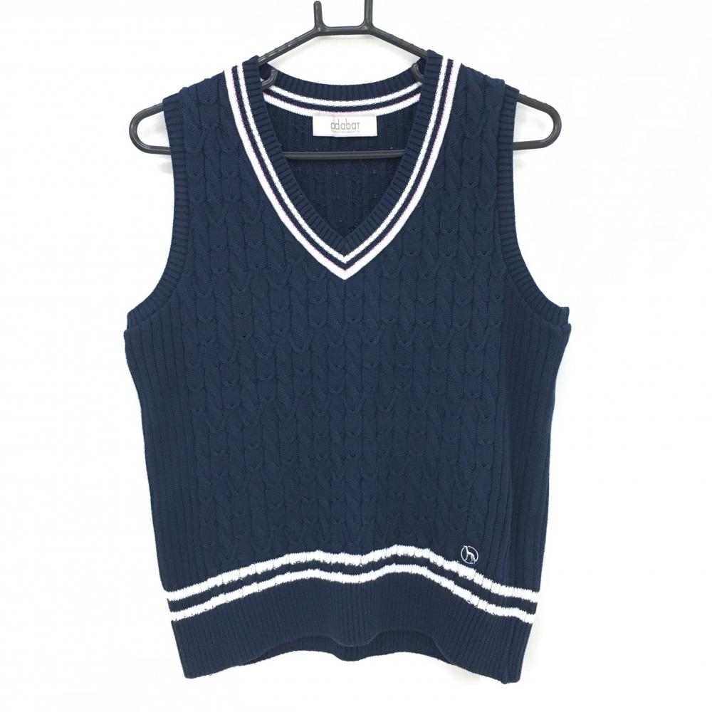 【超美品】アダバット ニットベスト ネイビー×白 ケーブル編み コットン混 レディース 40(L) ゴルフウェア adabat