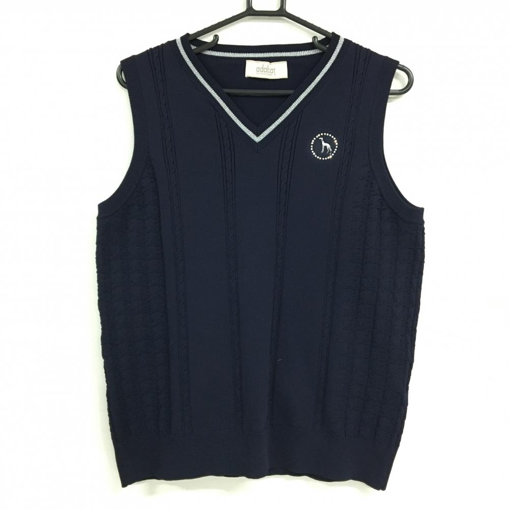 【超美品】アダバット ニットベスト ネイビー×シルバー ラインストーンロゴ Vネック レディース 42(XL) ゴルフウェア adabat
