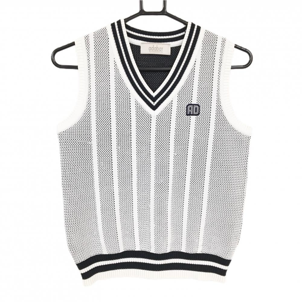 【超美品】アダバット ニットベスト 白×ネイビー 透かし編み 胸元ワッペン レディース 38(M) ゴルフウェア adabat