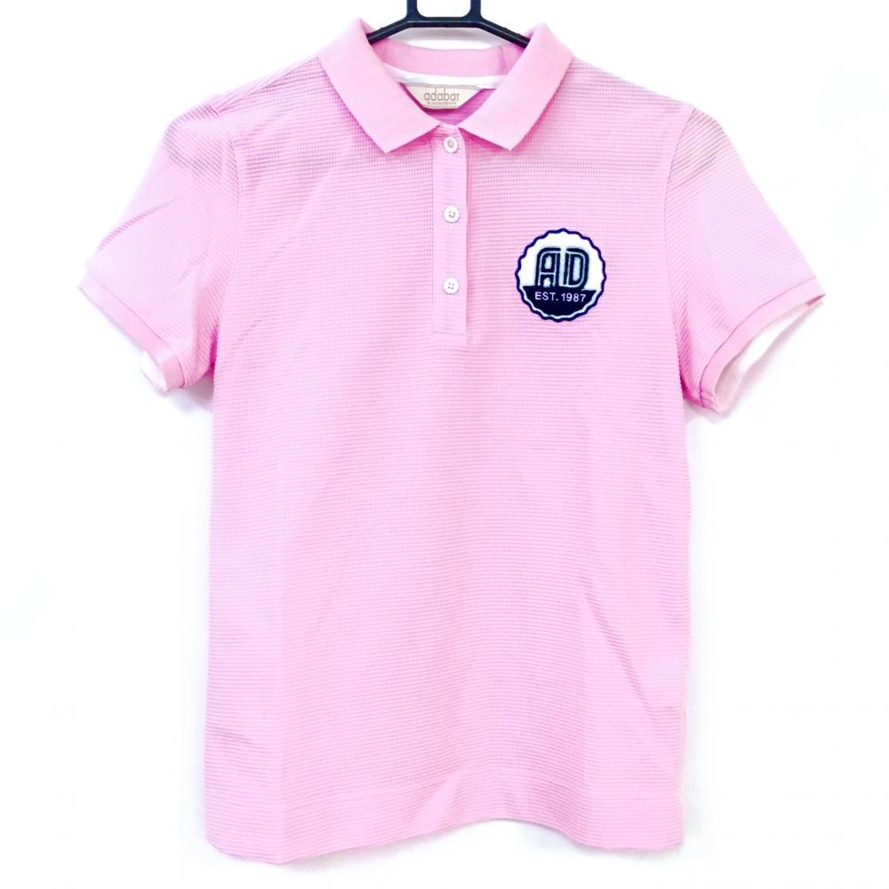 adabat アダバット 半袖ポロシャツ ピンク×白 織生地 襟裏ストライプ ボアワッペン  レディース 38 ゴルフウェア