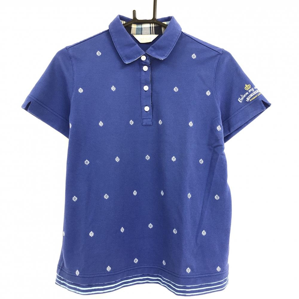 【美品】アダバット 半袖ポロシャツ ブルー 刺しゅう 総柄 レディース 40(L) ゴルフウェア adabat