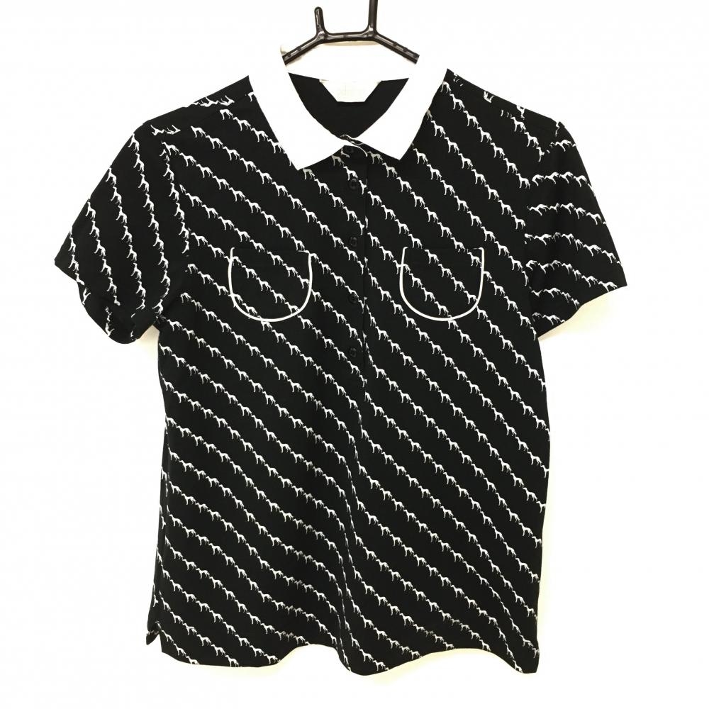 【超美品】アダバット 半袖ポロシャツ 黒×白 犬総柄 レディース 40(L) ゴルフウェア adabat
