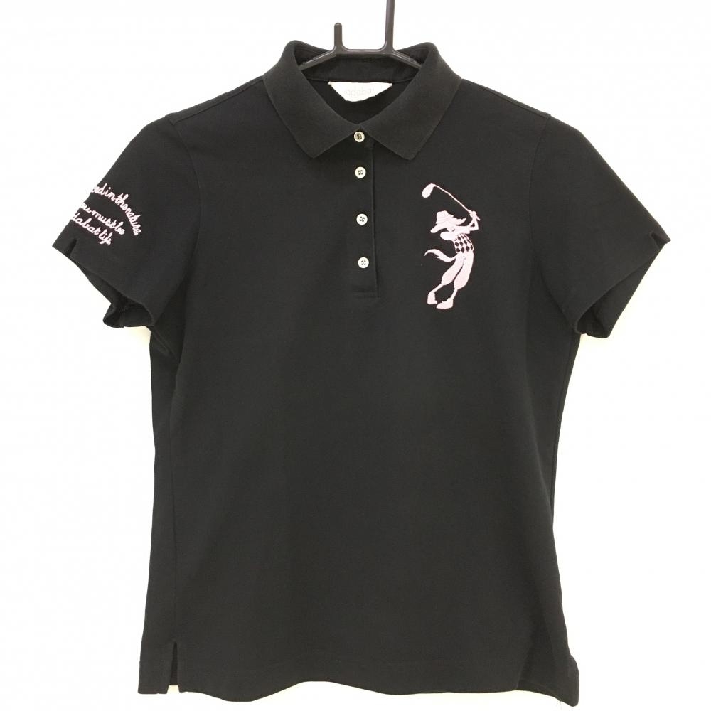 アダバット 半袖ポロシャツ 黒 刺しゅうピンク レディース 40(L) ゴルフウェア adabat