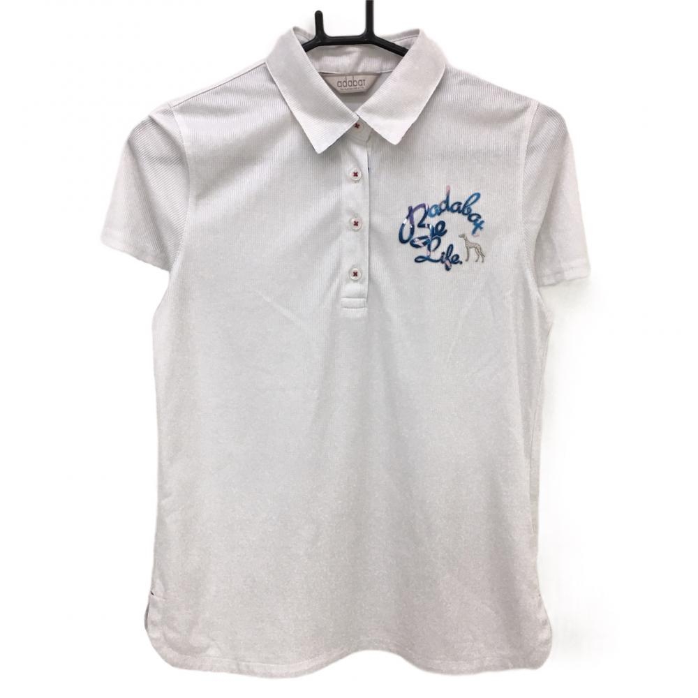 アダバット 半袖ポロシャツ 白×ブルー 胸元ロゴ 織生地 襟裏・前立て裏柄 coolcore  レディース 38(M) ゴルフウェア adabat