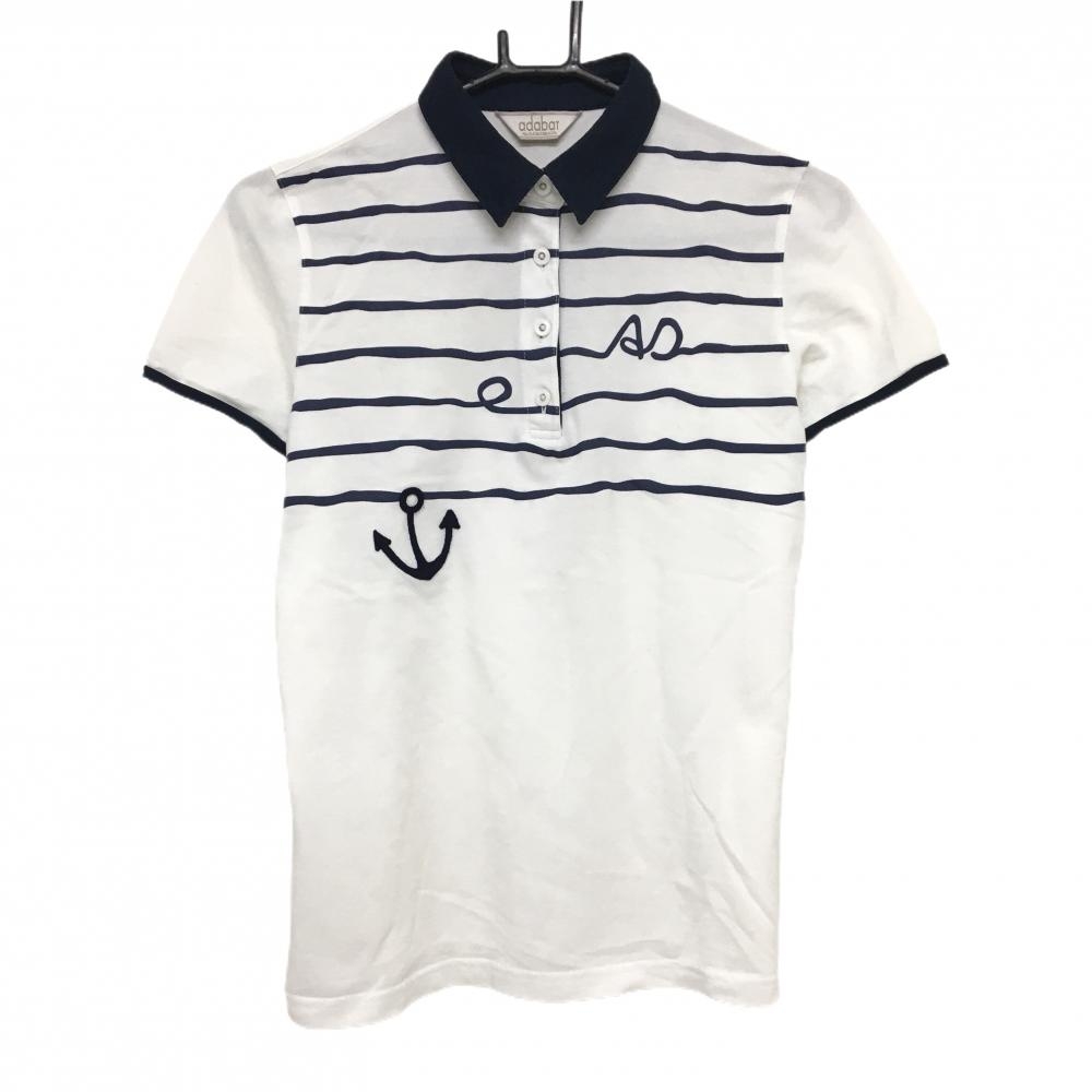 アダバット 半袖ポロシャツ 白×ネイビー 一部ボーダー レディース 40(L) ゴルフウェア adabat