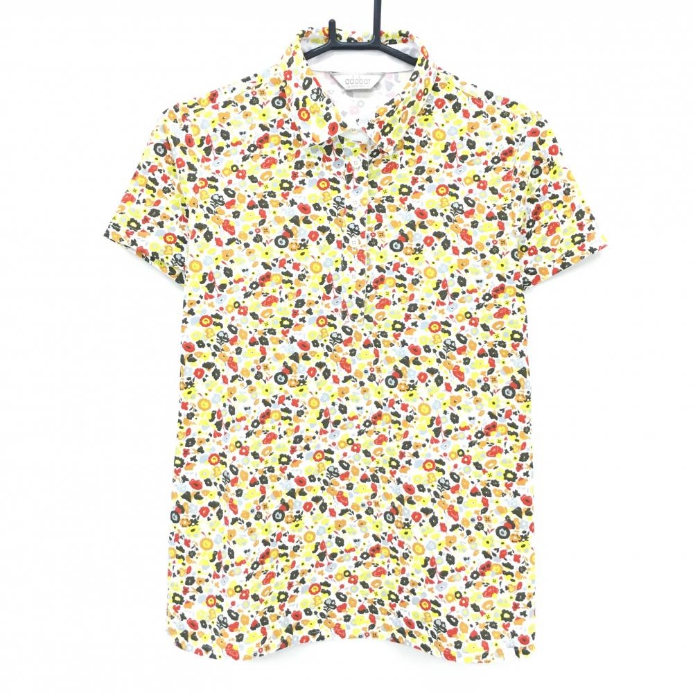【超美品】アダバット 半袖ポロシャツ 白×イエロー系×レッド 小花柄 レディース 40(L) ゴルフウェア adabat