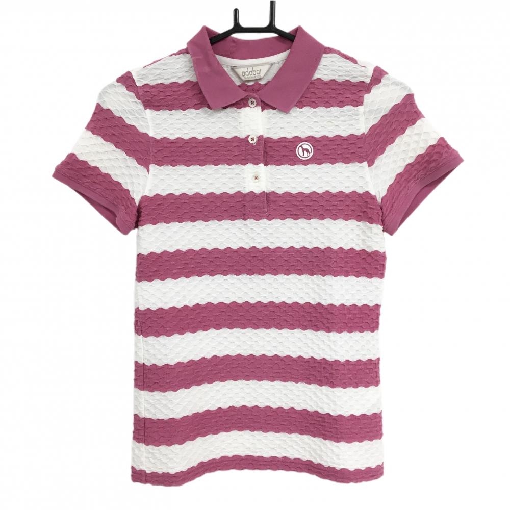 アダバット 半袖ポロシャツ ピンク×白 凸凹生地 ボーダー 胸元ロゴ レディース 36(S) ゴルフウェア adabat