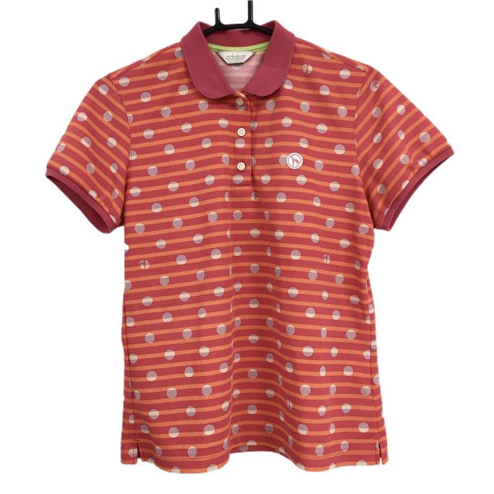 アダバット 半袖ポロシャツ レッド×オレンジ ボーダー ドット柄 ロゴワッペン レディース 40(L) ゴルフウェア adabat