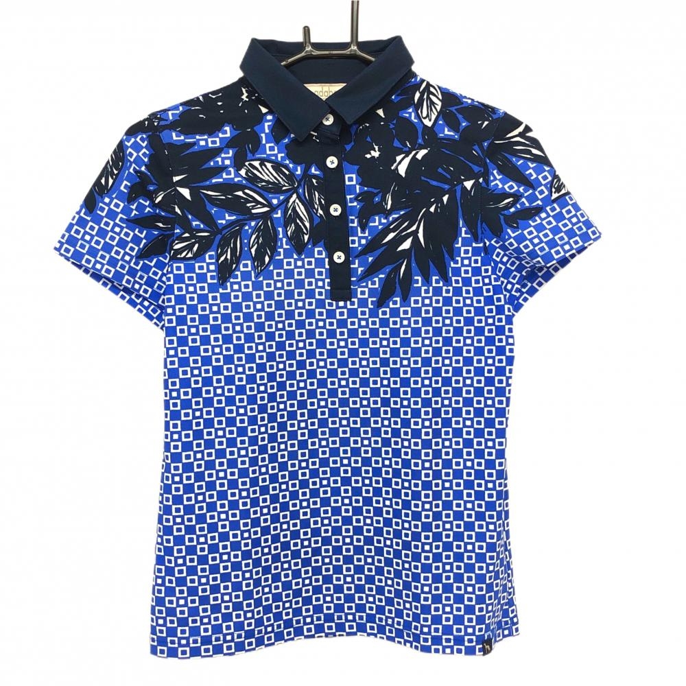 【超美品】アダバット 半袖ポロシャツ ブルー×白 総柄 上部リーフ柄 レディース 38(M) ゴルフウェア adabat
