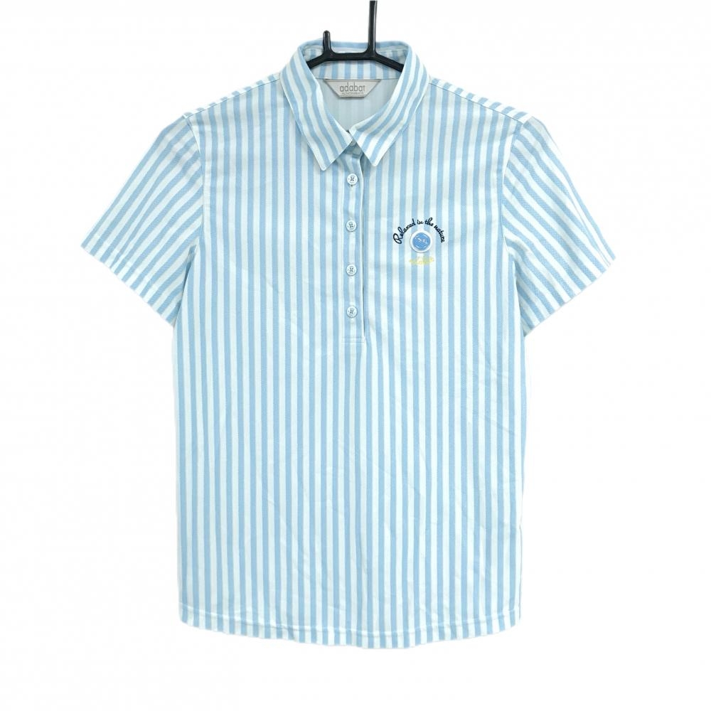 【超美品】アダバット 半袖ポロシャツ ライトブルー×白 ストライプ レディース 40(L) ゴルフウェア adabat