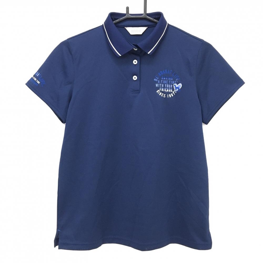 【美品】アダバット 半袖ポロシャツ ネイビー×白 襟ライン 英字刺しゅう レディース 40(L) ゴルフウェア adabat