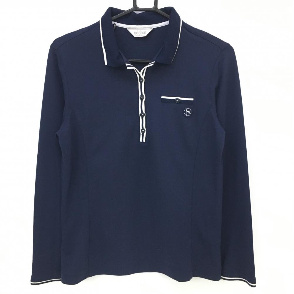【超美品】アダバット 長袖ポロシャツ ネイビー 前立てライン 胸ポケット レディース 40(L) ゴルフウェア adabat