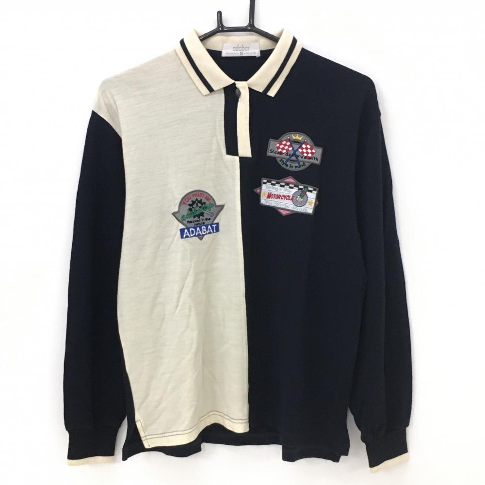アダバット 長袖ポロシャツ アイボリー×黒 複数ワッペン レディース Ⅰ(M) ゴルフウェア adabat