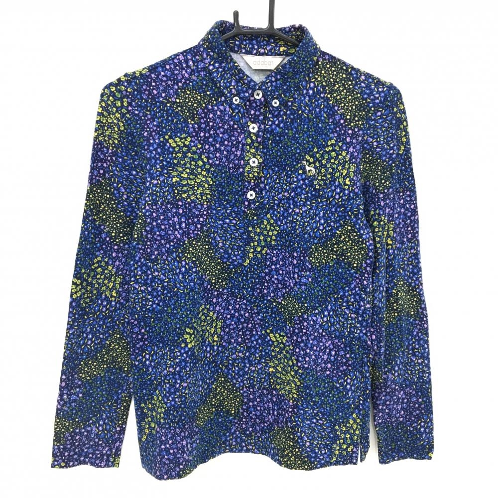 【美品】アダバット 長袖ポロシャツ ネイビー×イエロー 花柄 胸元ロゴ レディース 36(S) ゴルフウェア adabat