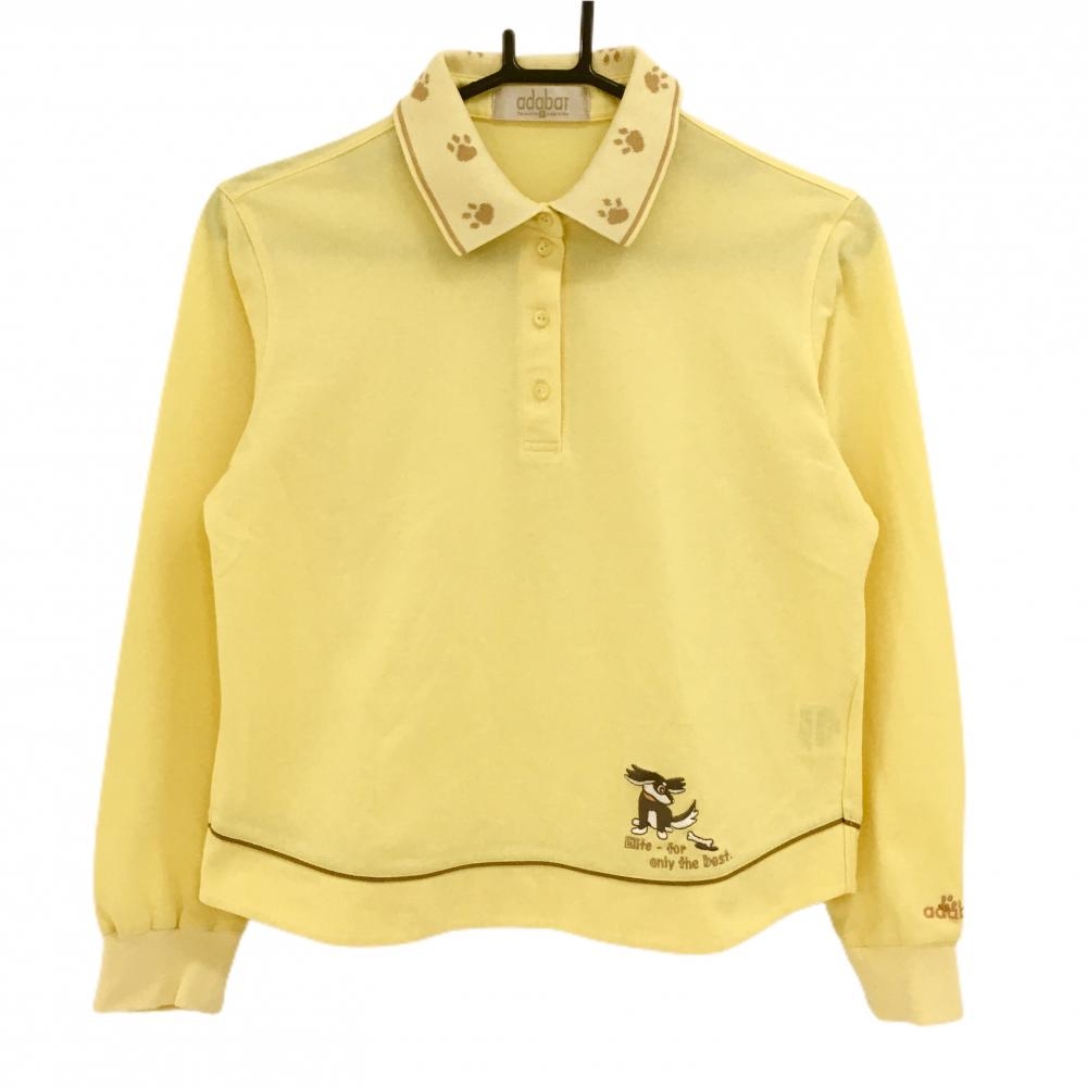 【美品】アダバット 長袖ポロシャツ イエロー×ブラウン イヌ刺しゅう レディース I(M) ゴルフウェア adabat